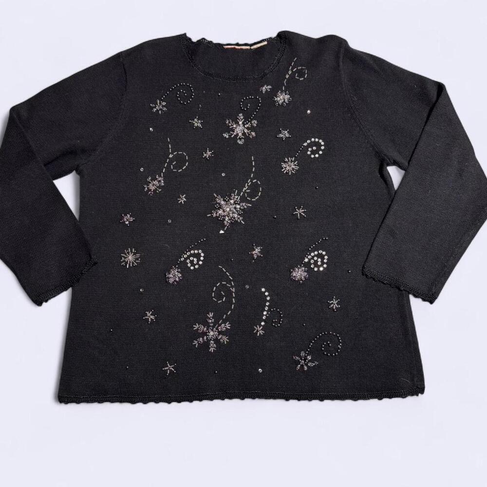 Vintage Lace Trim Beaded‎ Embroidered Black Christmas Star Snowflake Sweater